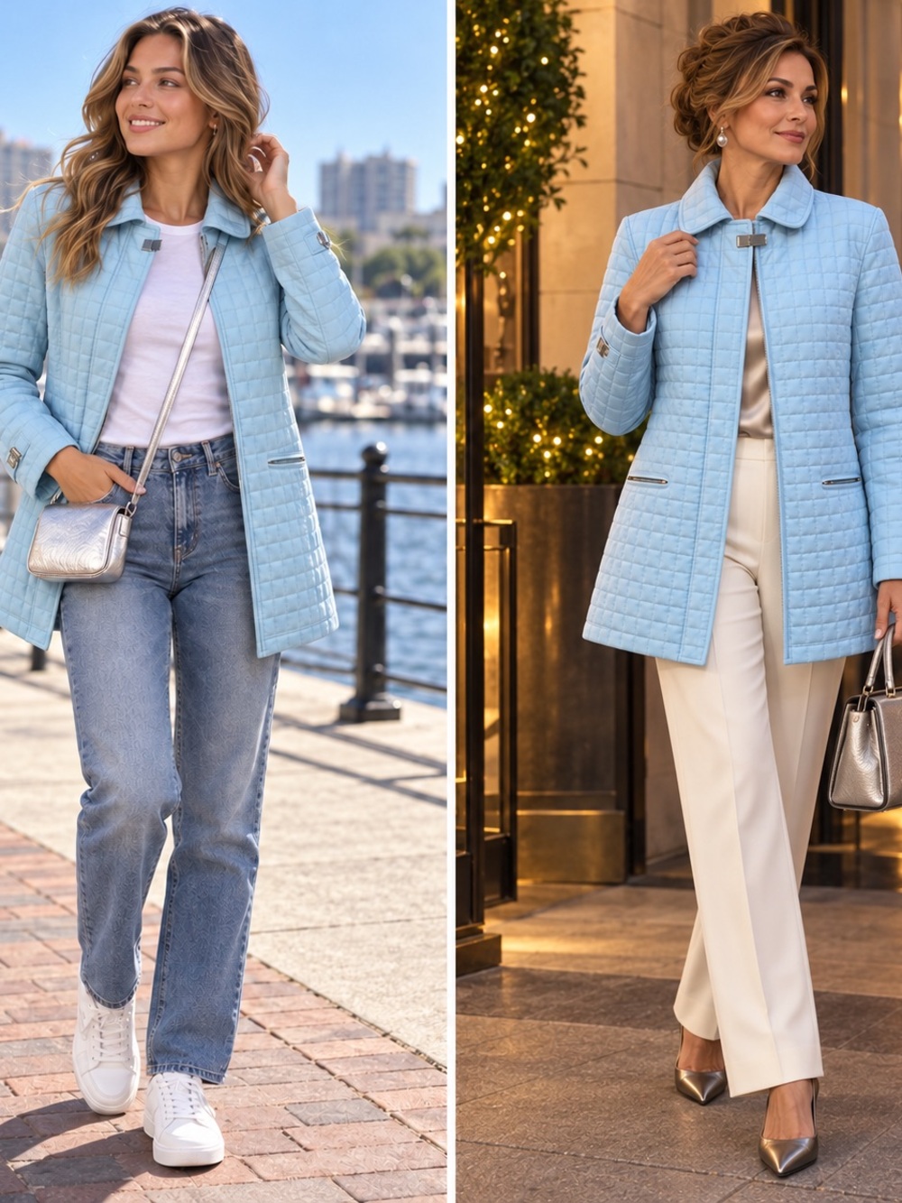 Gallery Light Blue Quilted Car Coat Medium Silver Hardware Y2K Style